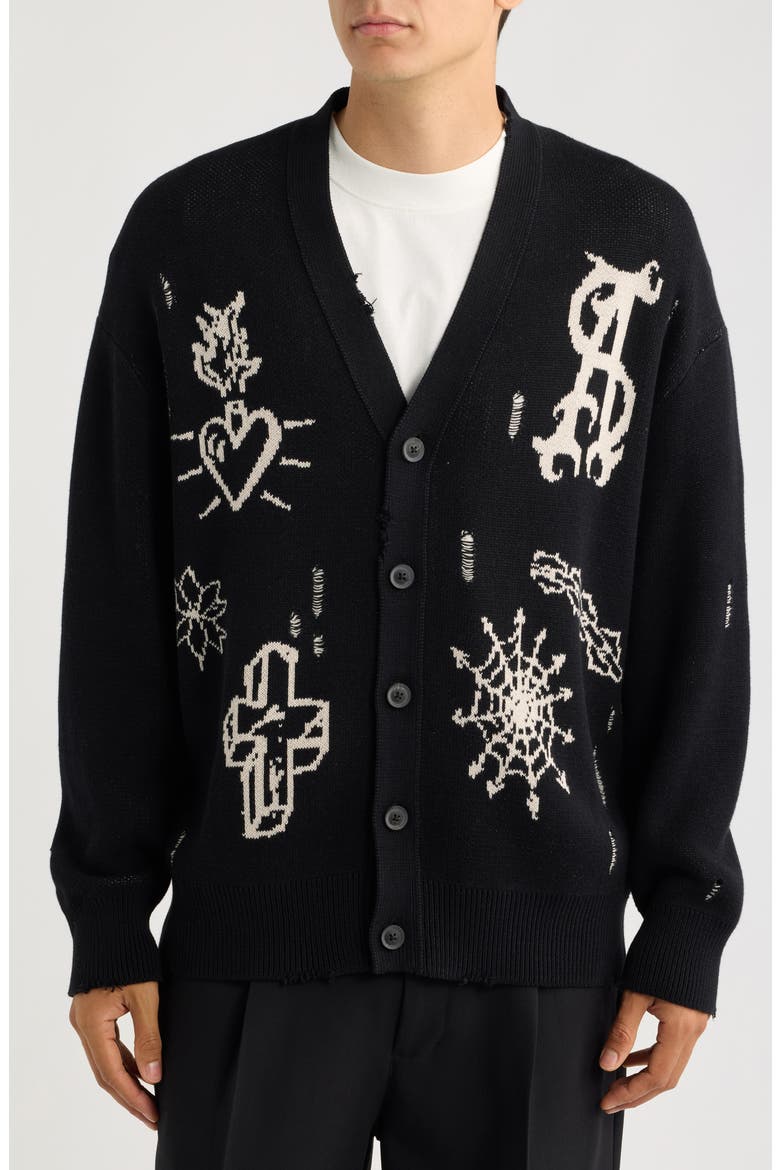 Staged Intarsia Organic Cotton Button Front Cardigan, Alternate, color, BLACK/ ECRU WHITE