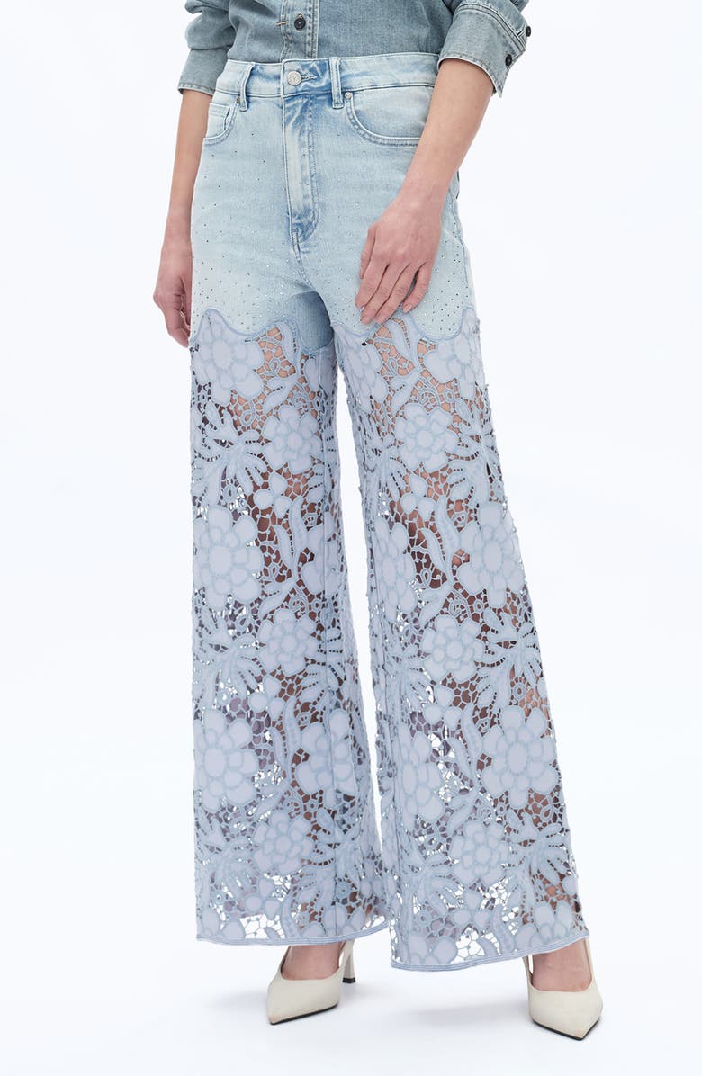 Bayeas Crystal Embellished Lace Wide Leg Jeans, Alternate, color, Light Blue