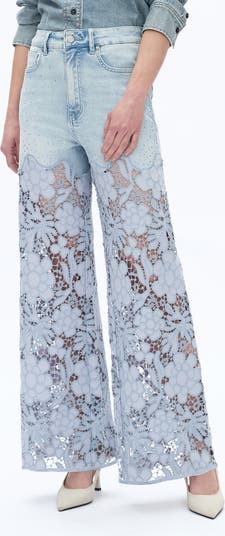 Crystal Embellished Lace Wide Leg Jeans