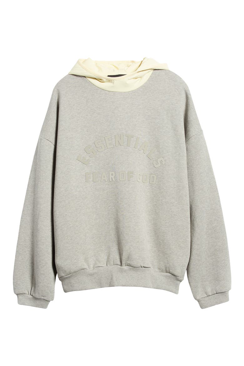Essentials Logo Oversize Fleece & Nylon Hoodie, Alternate, color, DARK HEATHER OATMEAL/YELLOW