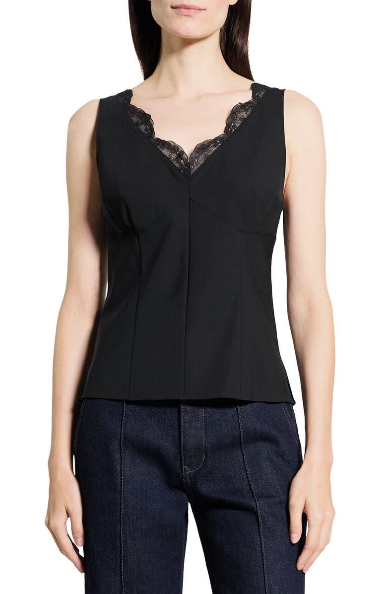 Theory Lace Trim Tailored Virgin Wool Blend Top, Main, color, Black