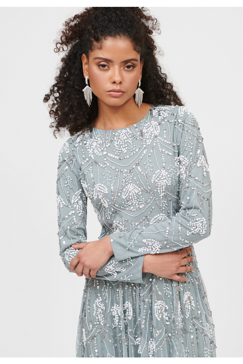 Occasion Modest Embellished Sequin Beaded Floral Evening Maxi Dress, Alternate, color, MISTY GREY
