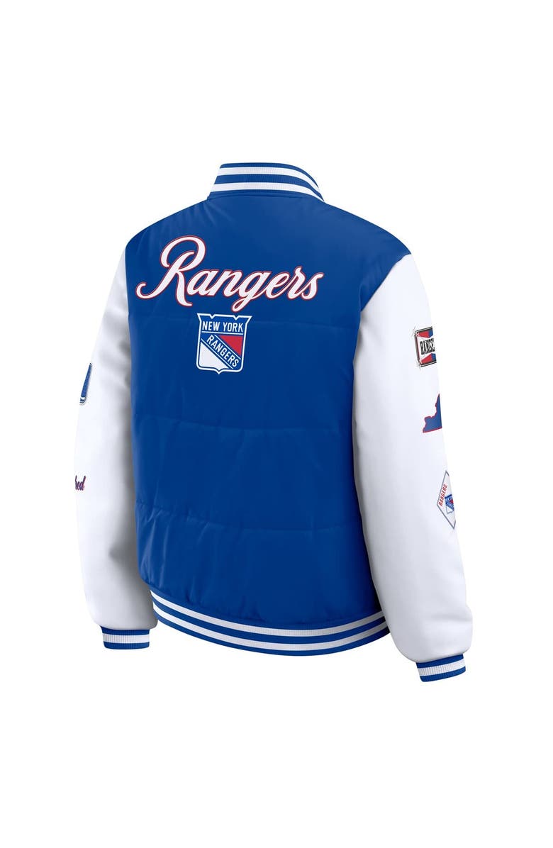 WEAR by Erin Andrews Women's WEAR by Erin Andrews Blue/White New York Rangers Varsity Full-Snap Puffer Jacket, Alternate, color, Blue