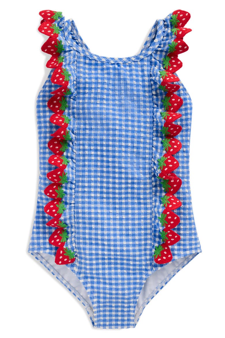 Kids' Strawberry Appliqué Ruffle Seersucker UPF 50+ One-Piece Swimsuit, Main, color, GLACIER BLUE STRAWBERRY