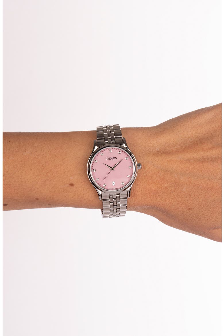 Beleganza Diamond & Mother-of-Pearl Bracelet Watch, 32mm, Alternate, color, PINK MOP STAINLESS STEEL