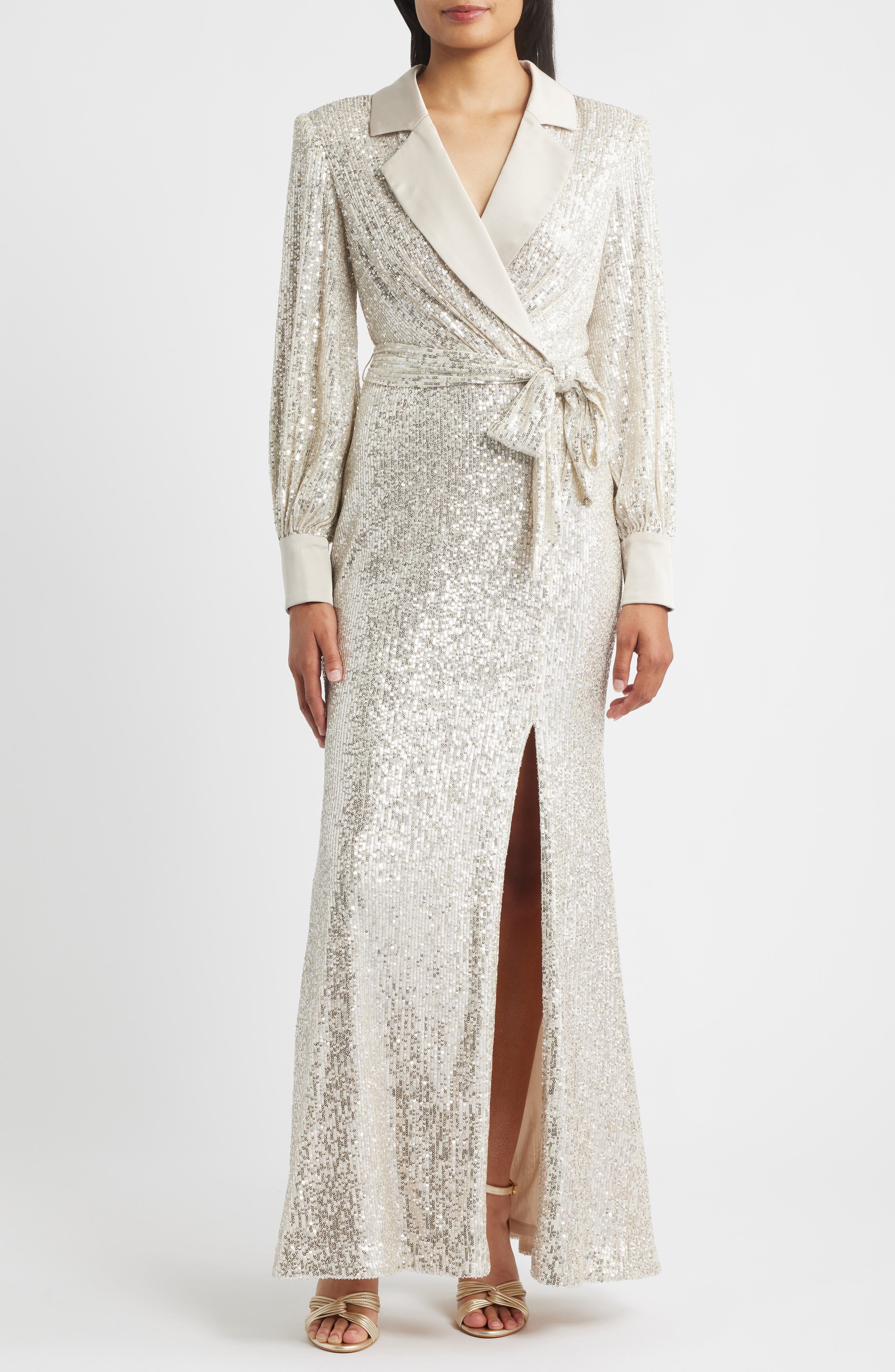 Eliza J Sequin Long Sleeve Shirtdress Gown in Silver 