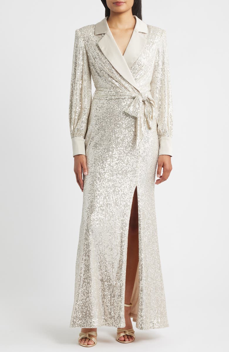 Eliza J Sequin Long Sleeve Shirtdress Gown, Main, color,