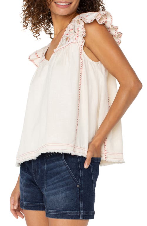 Liverpool Los Angeles Flutter Sleeve Top In Bone W/multi Embroidered