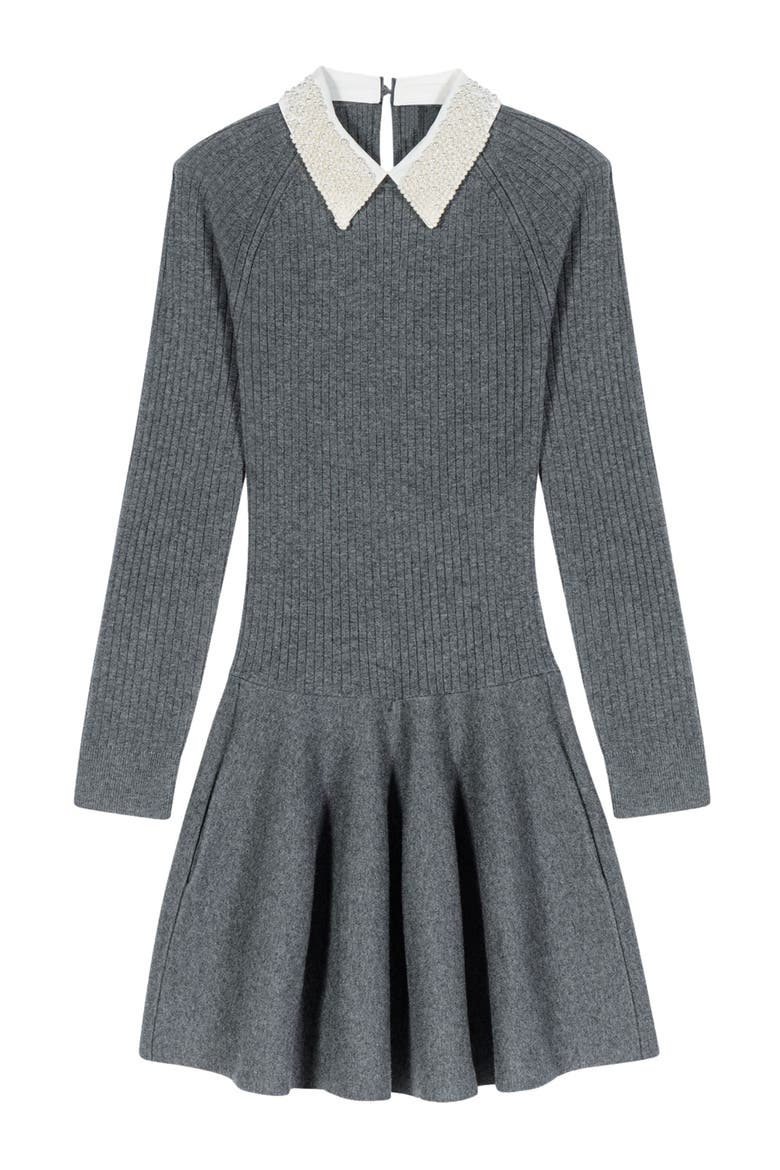 Beaded-collar short knit dress, Alternate, color, Grey