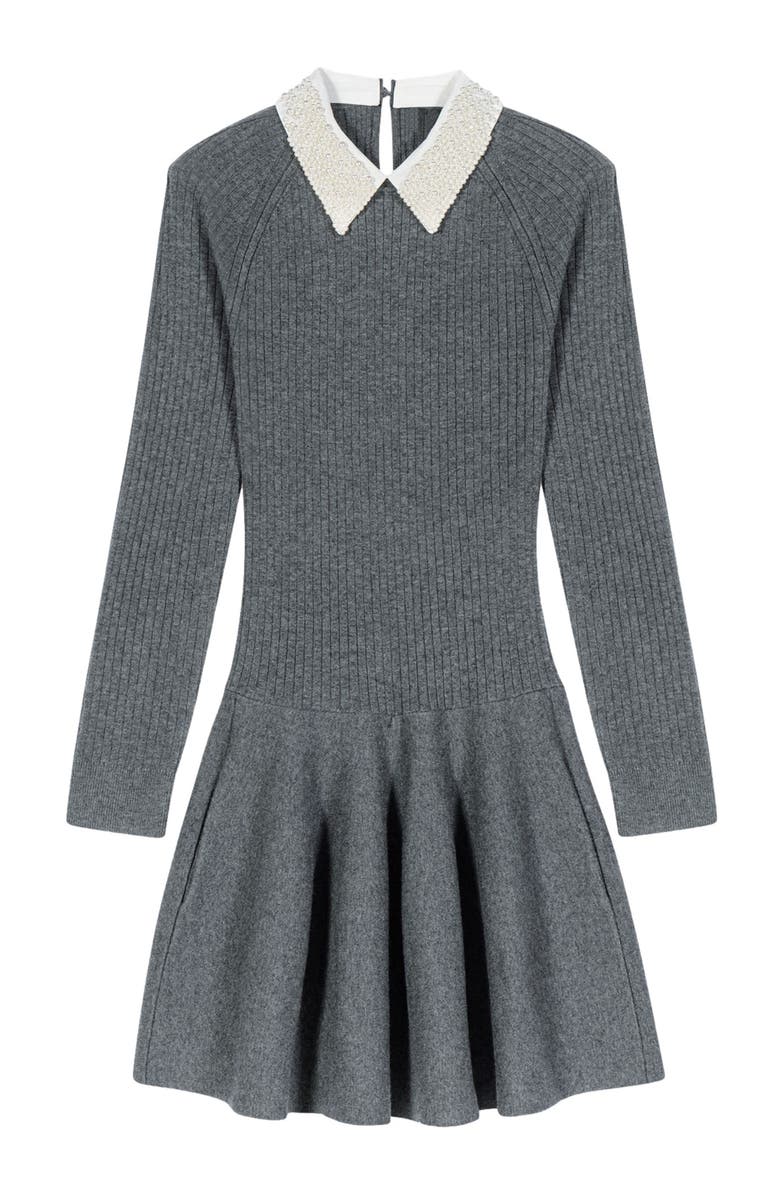 maje Beaded-collar short knit dress, Alternate, color, Grey