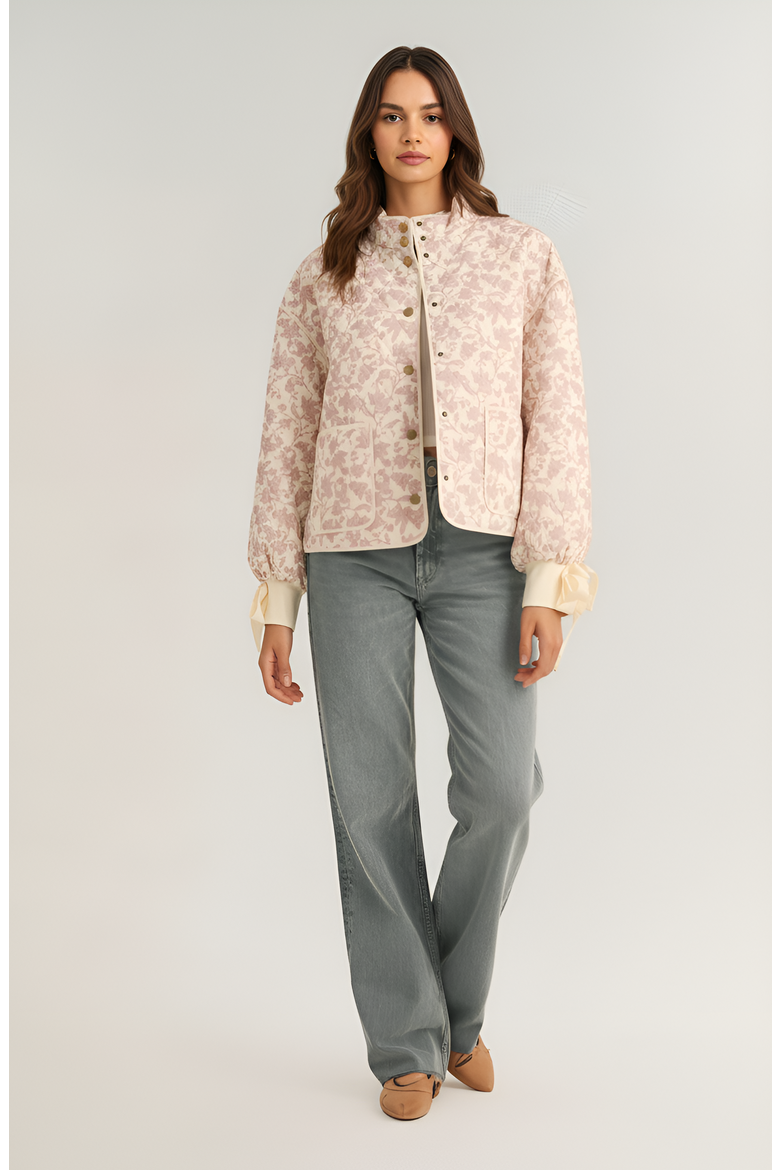Floral Quilted Jacket with Puff Sleeves and Satin Bow Cuffs, Alternate, color, Light Pink Floral