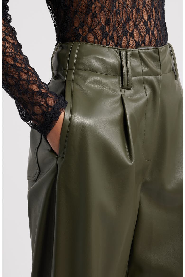 Pleated High Waist Faux Leather Pants, Alternate, color, KHAKI