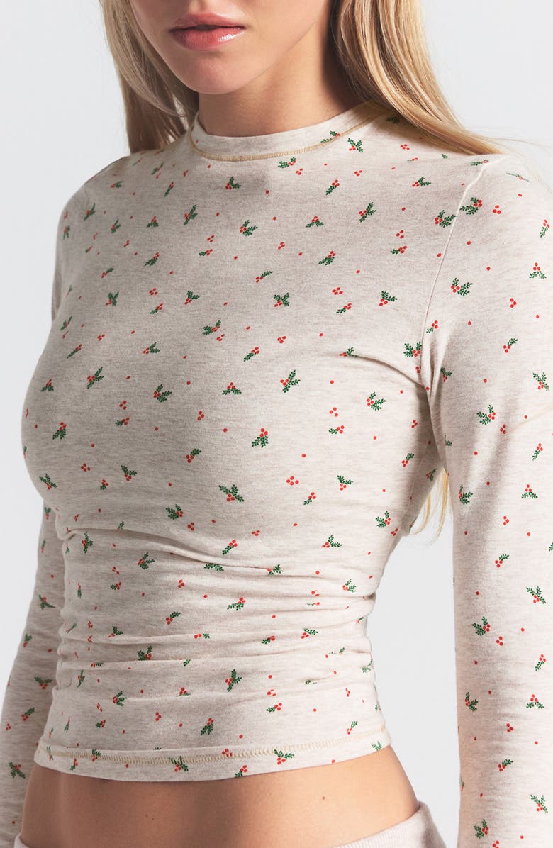 SKIMS Stretch Cotton Jersey T-Shirt, Alternate, color, Oatmeal Holly Print