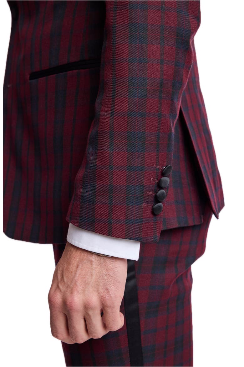 Kyle Slim Fit Plaid Peak Lapel Tuxedo Jacket, Alternate, color, BURGUNDY BLACK TARTAN