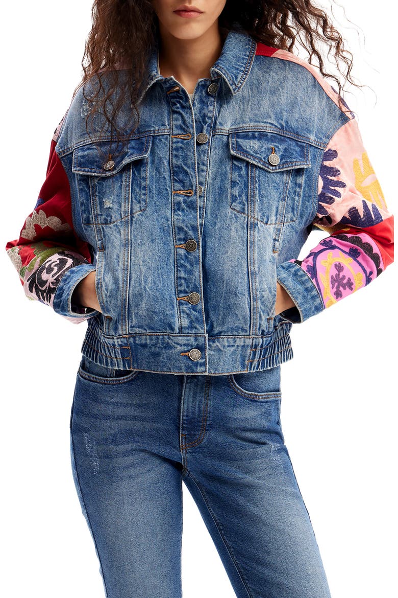 Short Patchwork Denim Jacket, Main, color, BLUE