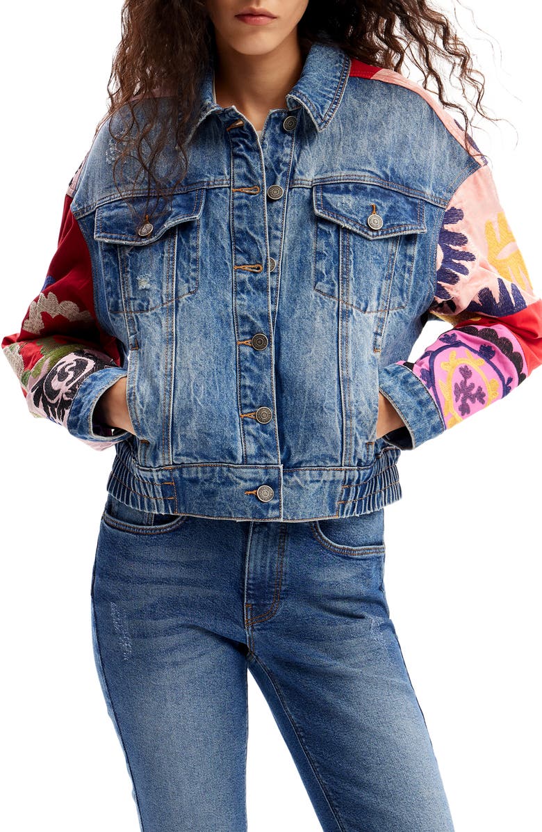 Desigual Short Patchwork Denim Jacket, Main, color,