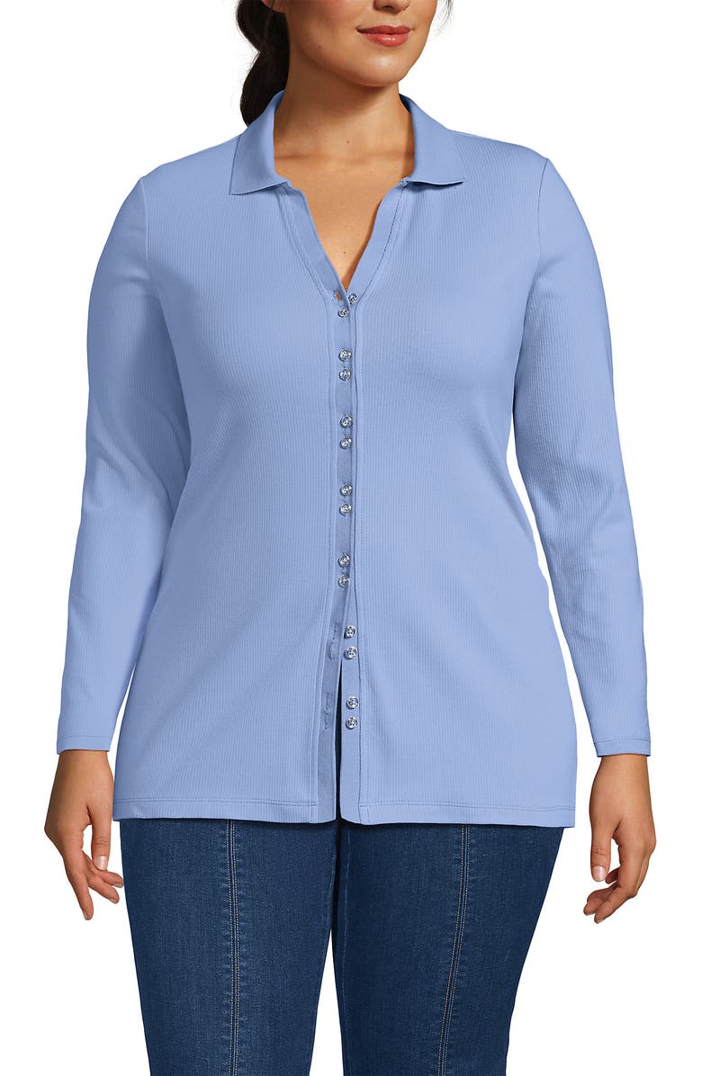 Lands' End Long Sleeve Polished Rib Button Through Tunic Shirt, Main, color, Light Sea Blue