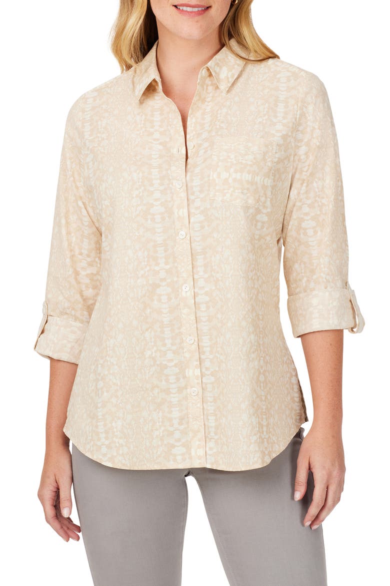 Zoey Abstract Print Cotton Button-Up Shirt, Main, color, IVORY MULTI