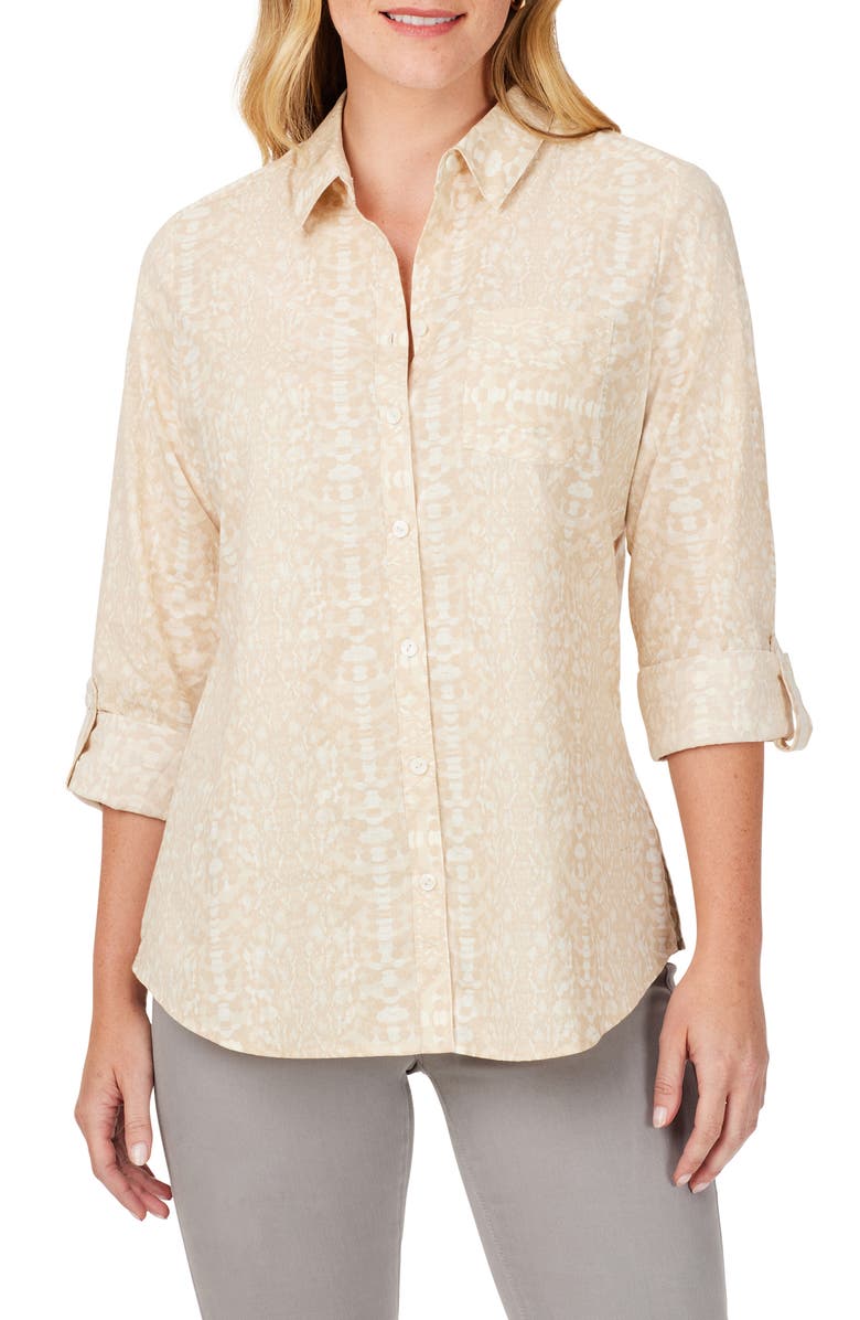 Foxcroft Zoey Abstract Print Cotton Button-Up Shirt, Main, color, Ivory Multi