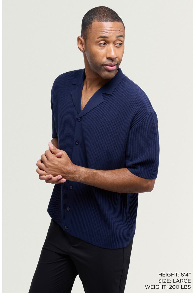 Ribbed Knit Camp Shirt, Alternate, color, NAVY