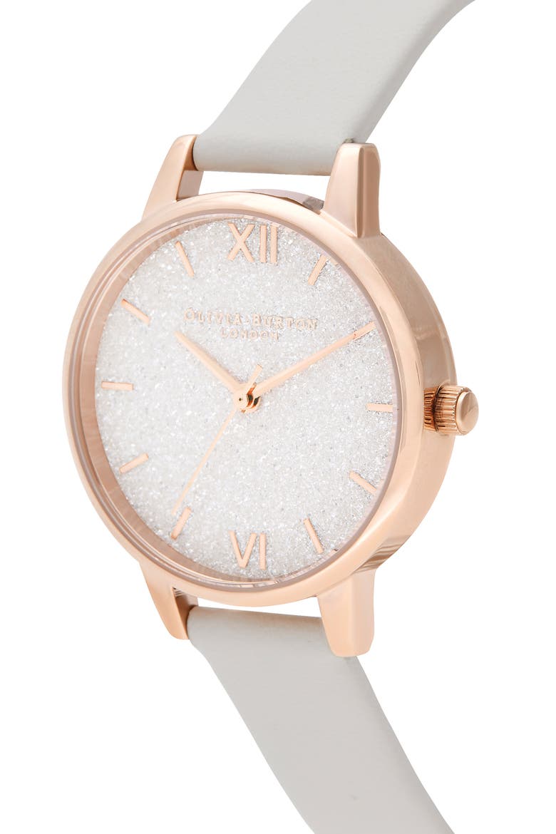 Glitter Dial Eco Faux Leather Strap Watch, 34mm, Alternate, color, BLUSH/ GLITTER/ ROSE GOLD
