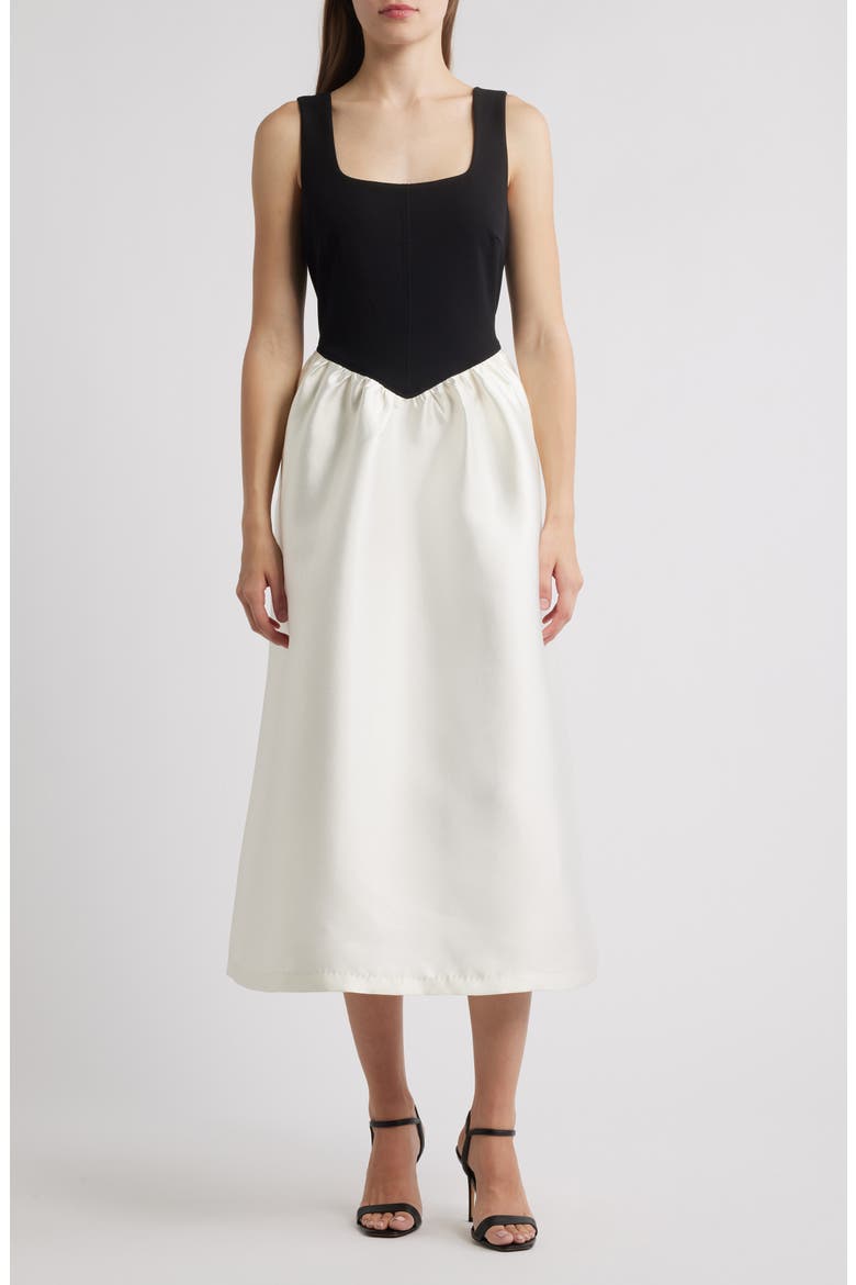 Mix Media Scuba & Crepe Midi Dress, Main, color, BLACK IVORY