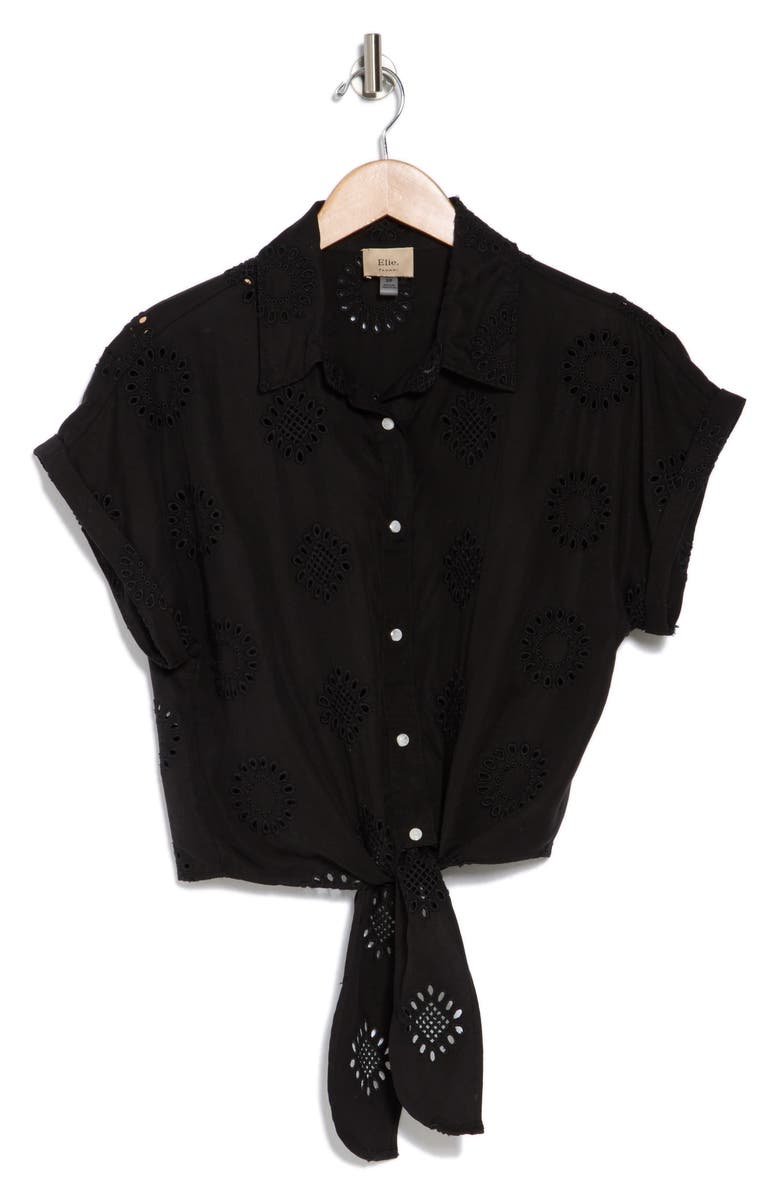 ELIE ELIE TAHARI Embroidered Eyelet Short Sleeve Tie Front Shirt, Alternate, color,
