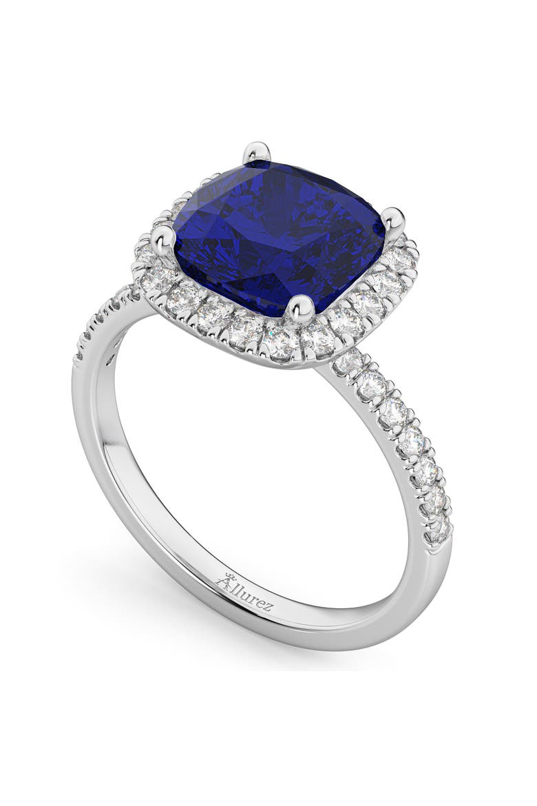 Cushion Cut Halo Lab Blue Sapphire & Lab Diamond Engagement Ring 14k, Alternate, color, 3.11ct/White Gold