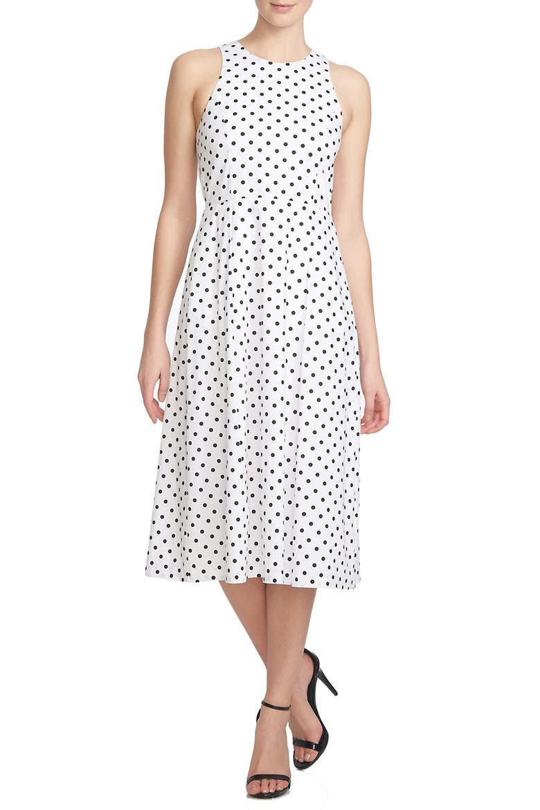 Polka Dot Cutout Fit & Flare Midi Dress, Main, color, CLOUD