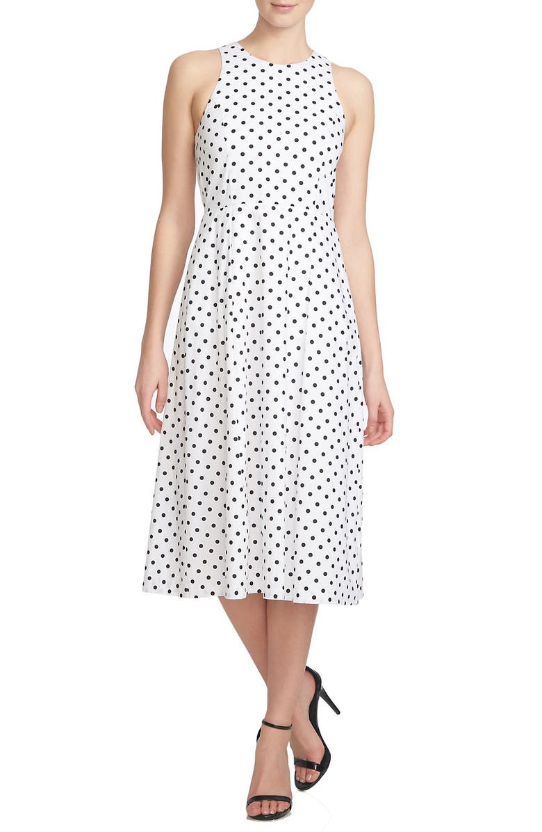 1.STATE Polka Dot Cutout Fit & Flare Midi Dress, Main, color, 