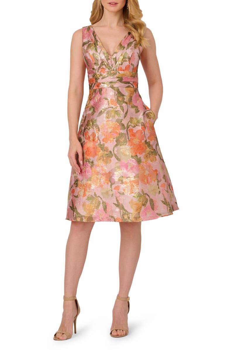 Adrianna Papell Metallic Floral Jacquard Cocktail Dress, Main, color, 