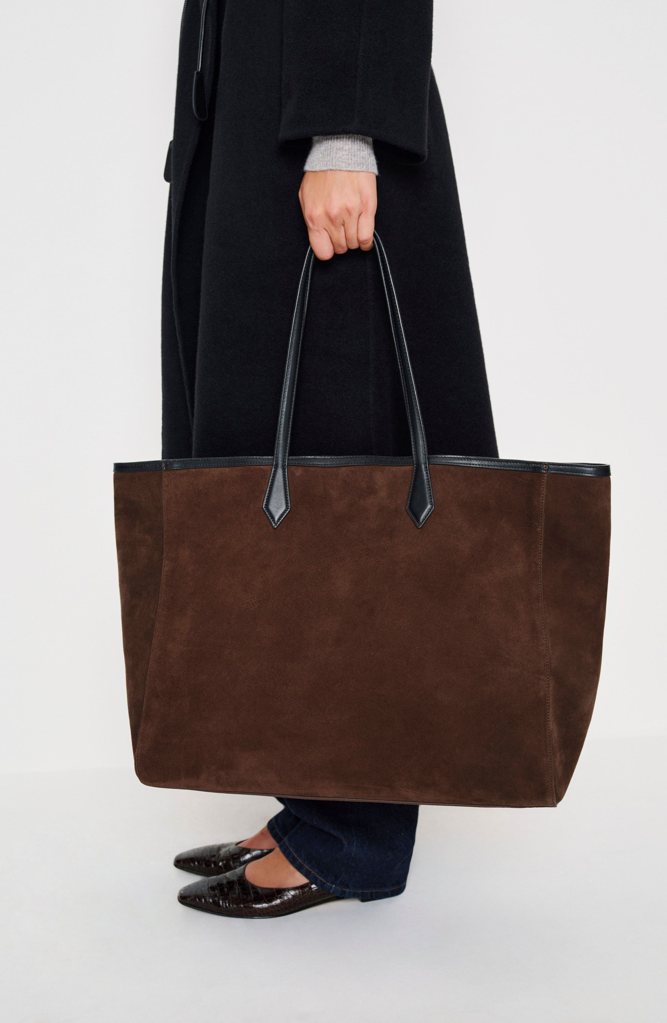 Sofia Leather Tote, Alternate, color, ESPRESSO SUEDE BLACK LEATHER