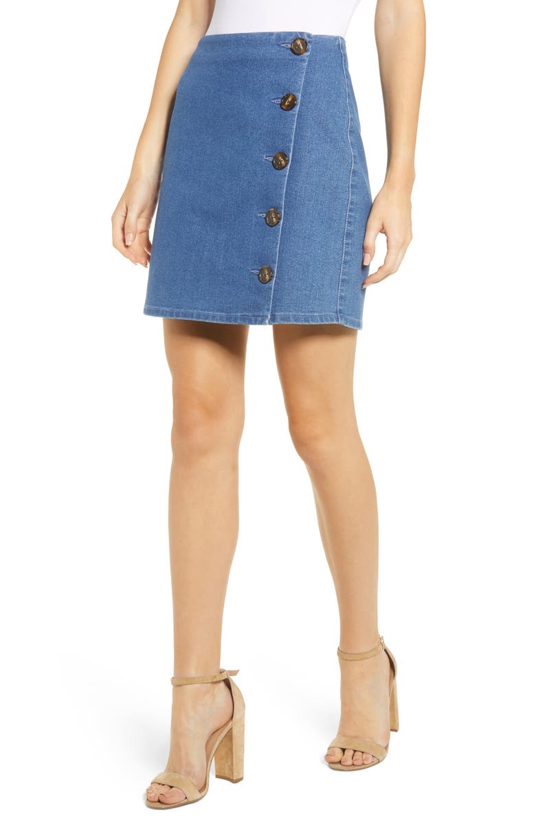 Tinsel Side Button Denim Miniskirt, Main, color,