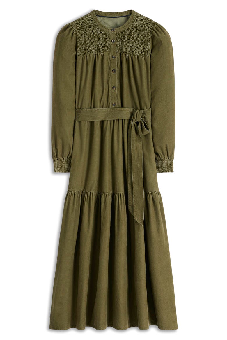 Cecily Belted Long Sleeve Cotton Corduroy Midi Dress, Alternate, color, WOODLAND GREEN