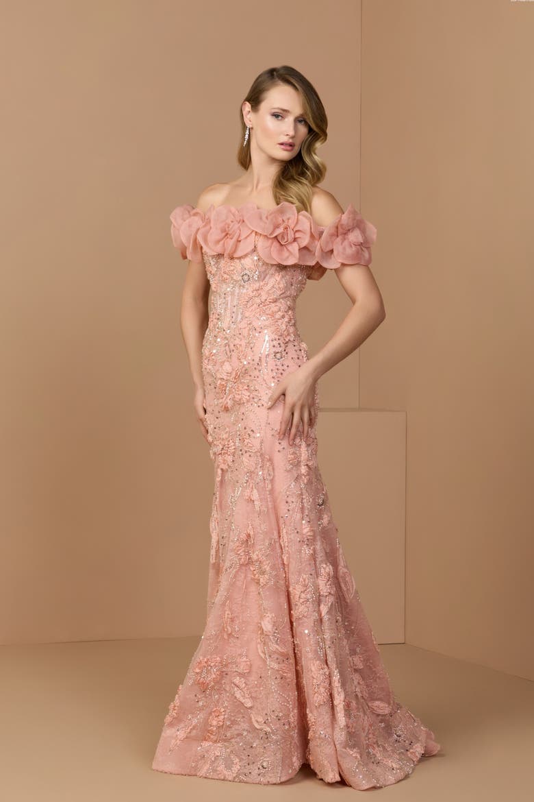 3D Floral Embellished Off The Shoulder Mermaid Gown, Alternate, color, Blush