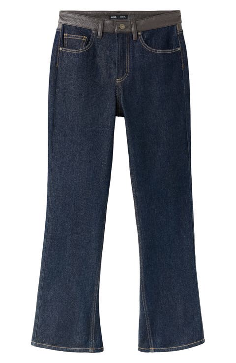 Faux Leather Detail Mid Rise Flare Jeans