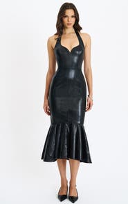 Miss Circle Gardenia Faux Leather Midi Sweetheart Halter Flared Dress