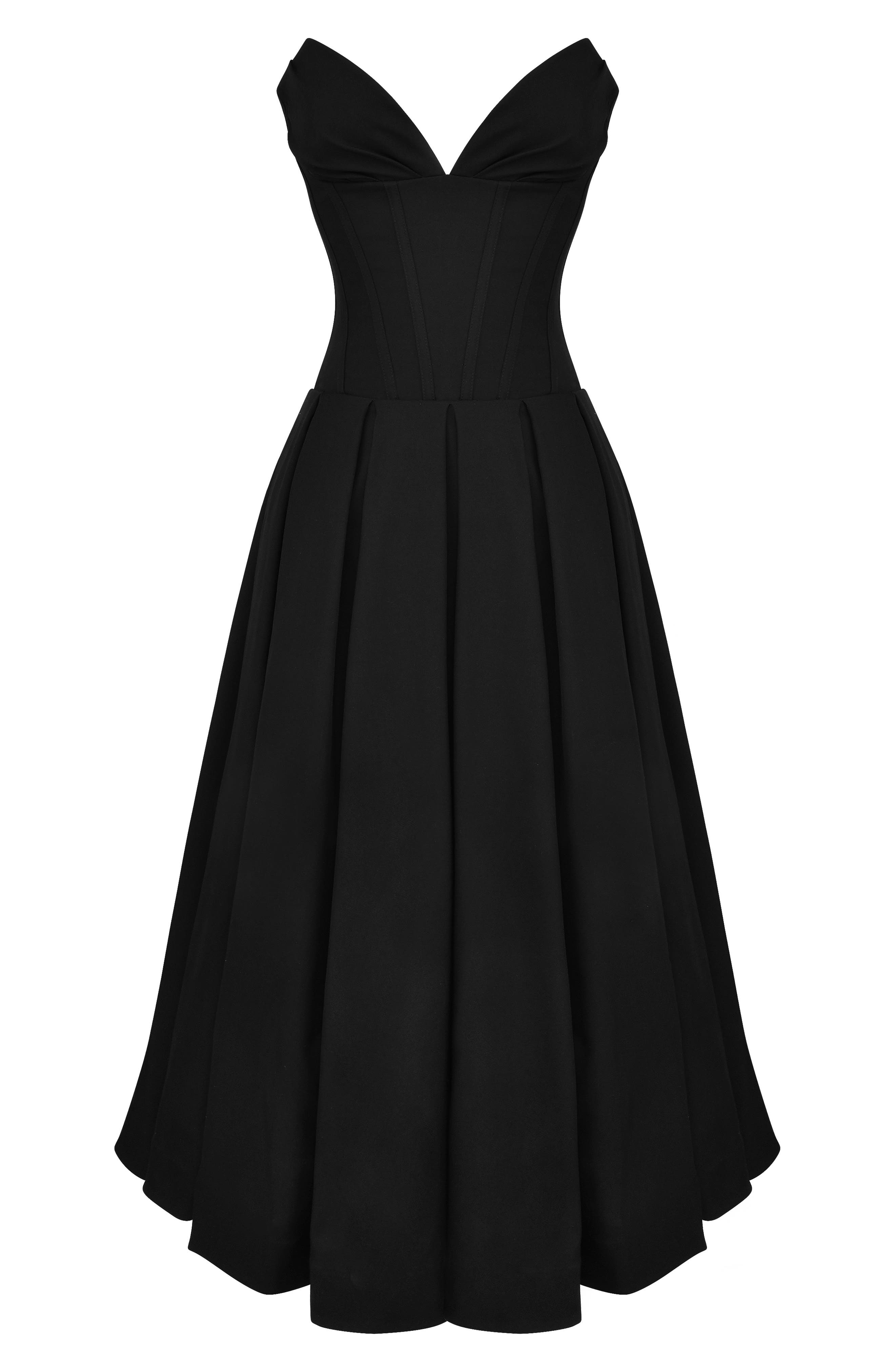 lady black strapless midi dress Black Strapless Neck Ruched Detail Midi Dress *FINAL SALE*