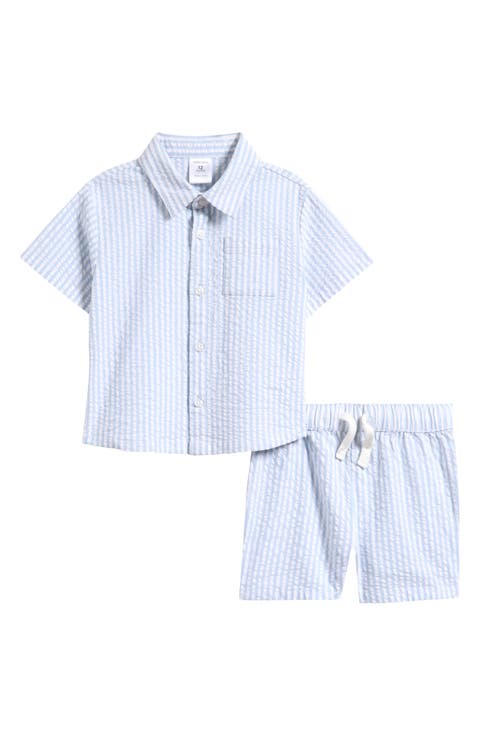 Seersucker Short Sleeve Button-Up Shirt & Drawstring Shorts Set (Baby)