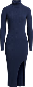 Open Edit Rib Long Sleeve Turtleneck Sweater Dress