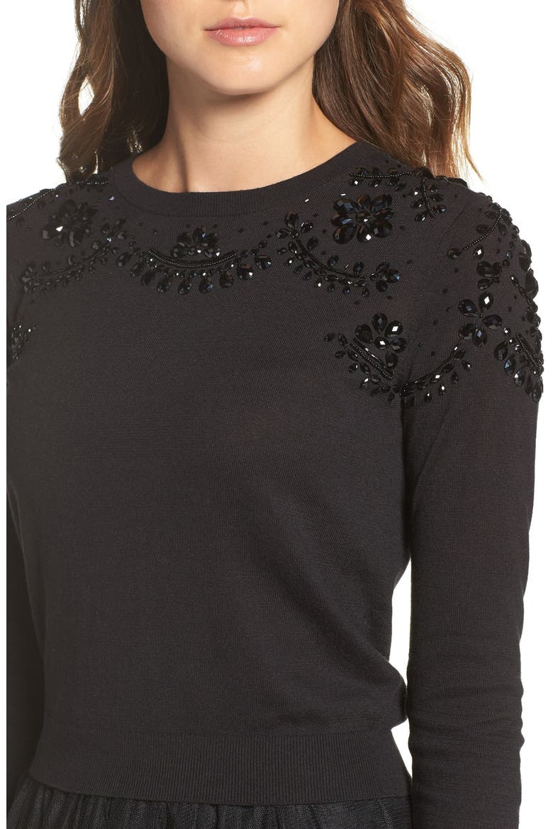 Millie Beaded Cotton Blend Sweater, Alternate, color, BLACK