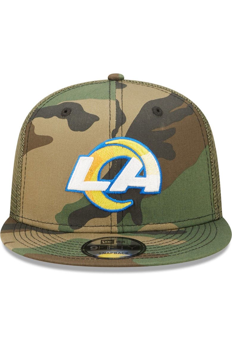 Men's New Era Camo/Olive Los Angeles Rams Trucker 9FIFTY Snapback Hat, Alternate, color, Camo