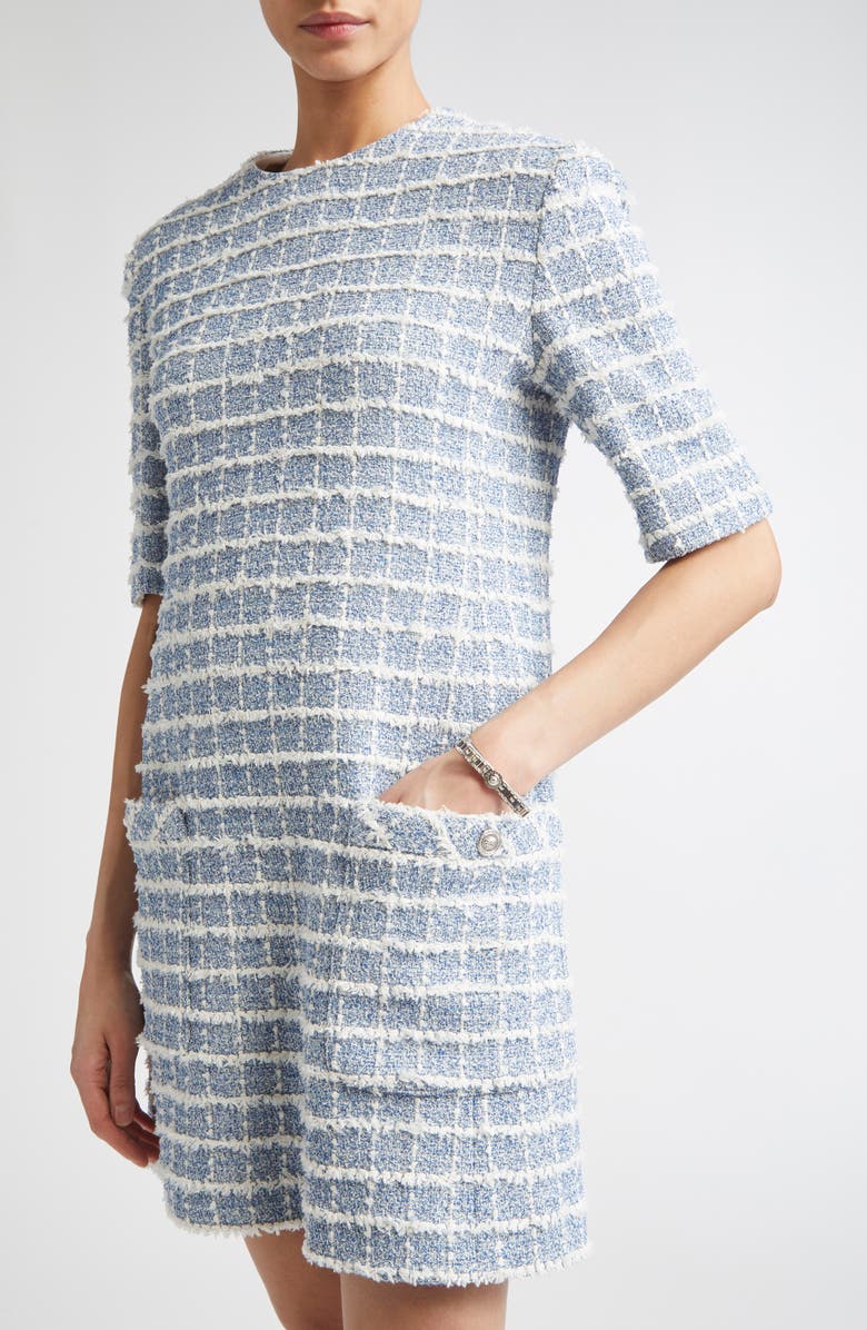 Versace Windowpane Bouclè Tweed Dress, Alternate, color, Light Indigo