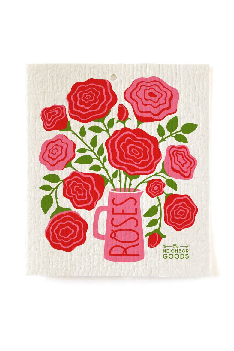 Roses Dish Towel + Sponge Cloth Gift Set, Alternate, color, Red