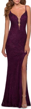 La Femme Lace Dress with Deep V-Neck and Rhinestones