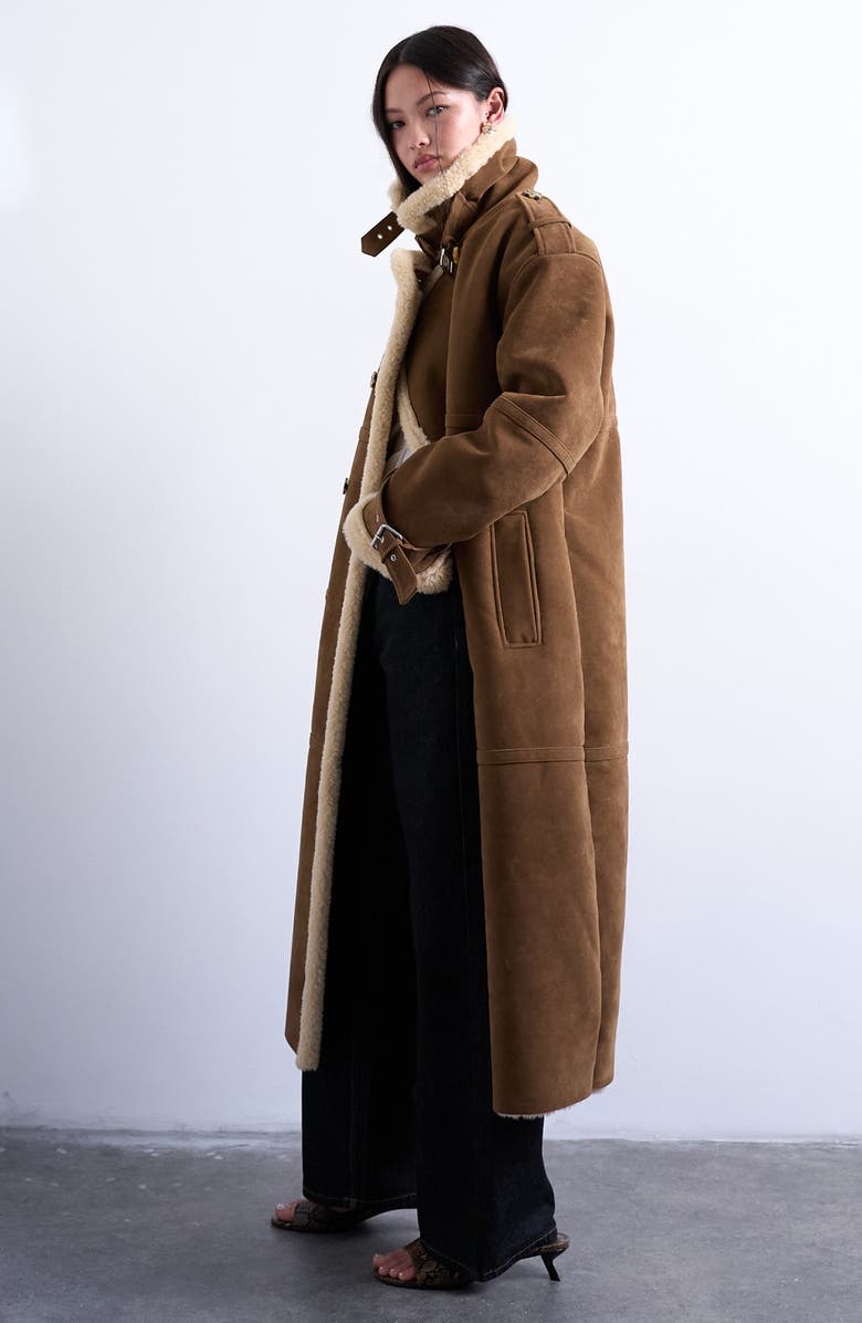 Topshop Longline Aviator Faux Shearling Coat, Alternate, color, Brown