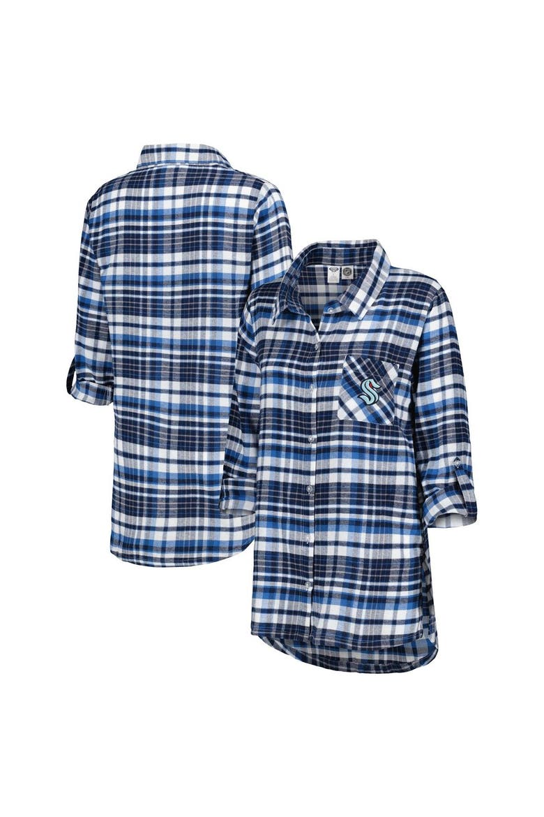 Women's Concepts Sport Deep Sea Blue Seattle Kraken Mainstay Flannel Full-Button Long Sleeve Nightshirt, Main, color, Navy