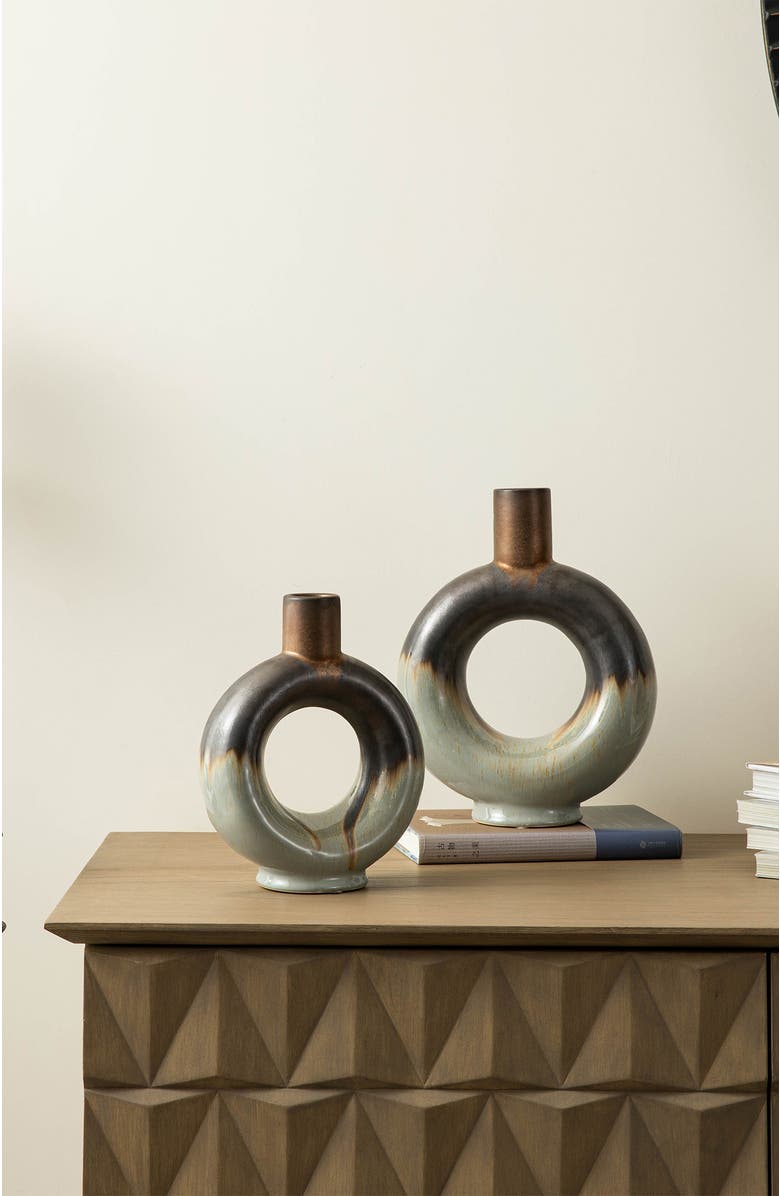 Glitzhome Set of 2 Modern Circle Hollow Ceramic Table Vases, Alternate, color, Grey