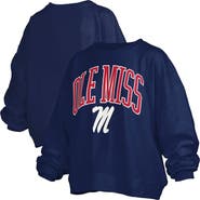 PRESSBOX Women's Pressbox Navy Ole Miss Rebels Janise Arch Over Logo Waist Length Oversized Pullover Sweatshirt
