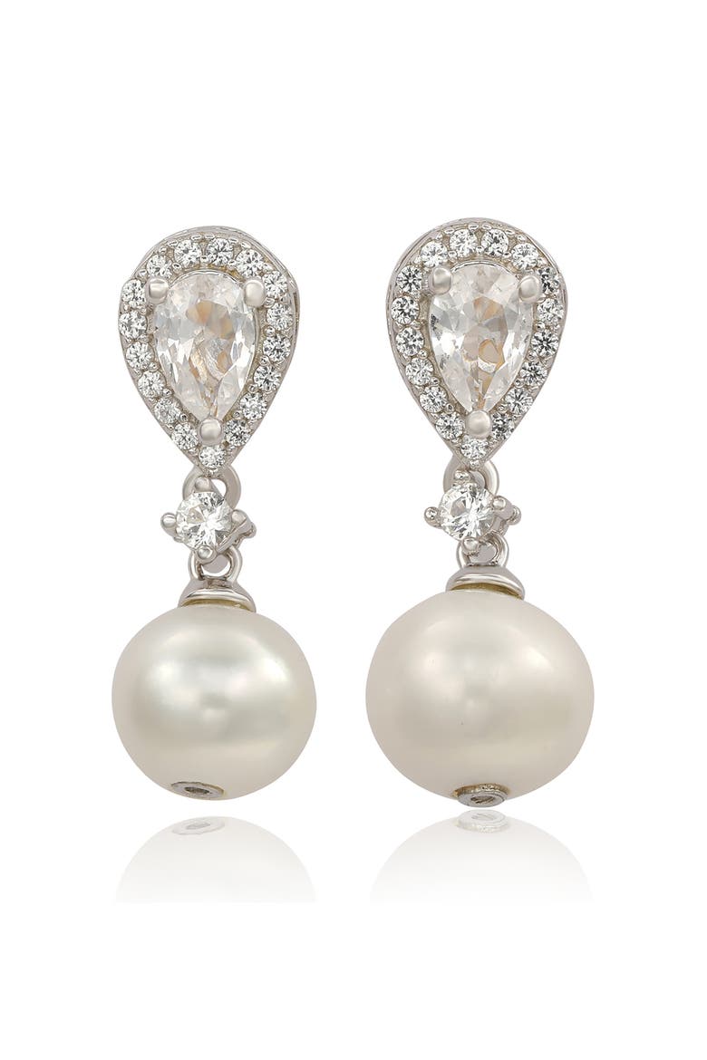 Sterling Silver Freshwater Pearl & Lab Grown White Sapphire Drop Earrings, Main, color, WHITE